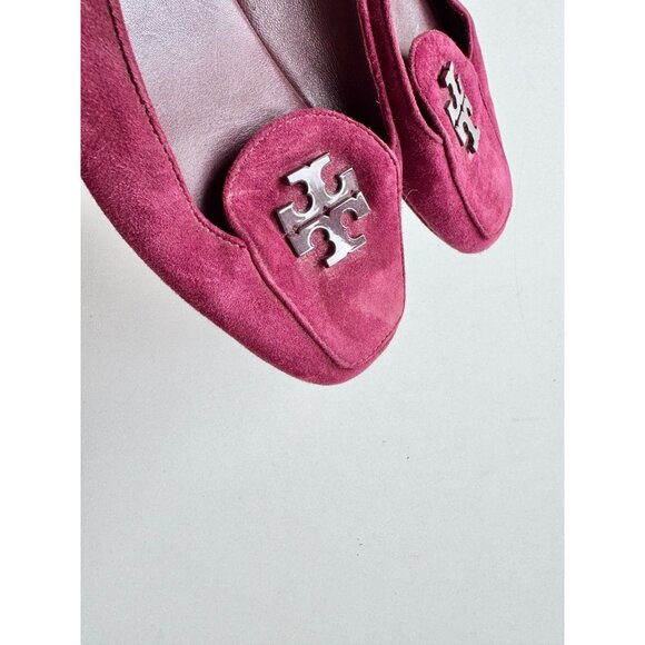 TORY BURCH Wine Burgundy Suede Leather Plastic Logo Driving Loafers, Size 9 - Picture 5 of 13